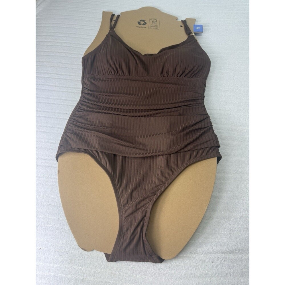 Ellen Tracy Women’s Brown Ruched One-Piece Swimsuit Adjustable Straps